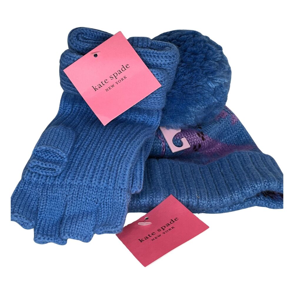 NWT Kate Spade Blue Bow Pop Top Gloves Mitten & Stripe Pom Pom Beanie Hat Set